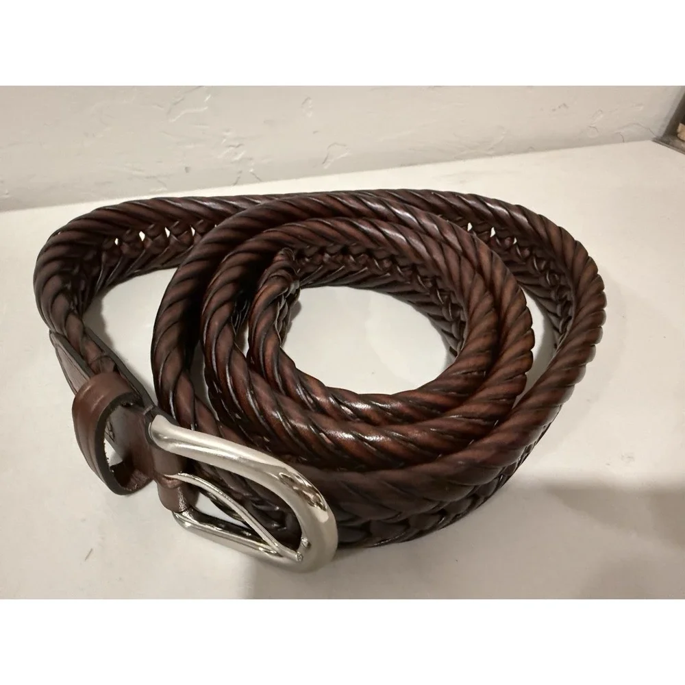 Mens Thick Braided Leather Belt 44 Brown Heavy Duty Woven Casual Silver Buckle